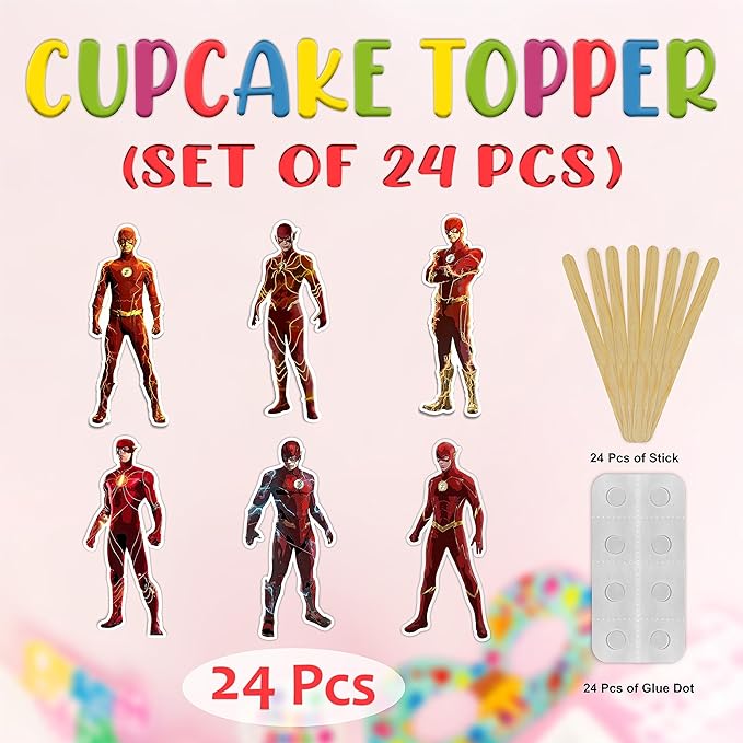 "Flsh Cupcake Topper – Superhero Theme Birthday Party Cupcake Picks for Boys and Girls – Red and Yellow Lightning Bolt Dessert Decorations for Birthday Parties, Events, and Themed Celebrations"