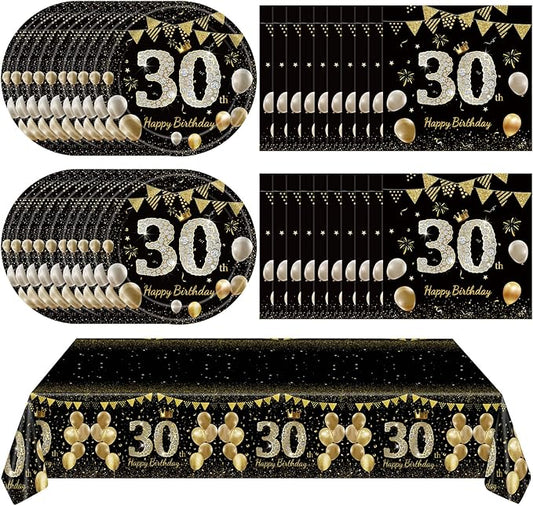 41Pcs 30th Birthday Decorations for Men Women, Black Gold 30 Year Old Birthday Party Supplies Include 20 Plates 20 Napkins and 1 Tablecloth, Black Gold 30 Aged Birth Party Tableware
