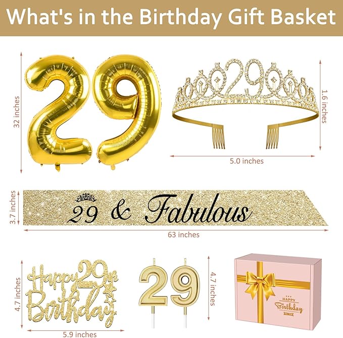 29th Birthday Decorations for Women Gold with 29th Birthday Tiara and Sash, Cake Topper and Candles, Number Balloons, 29 Year Old Gifts for Women