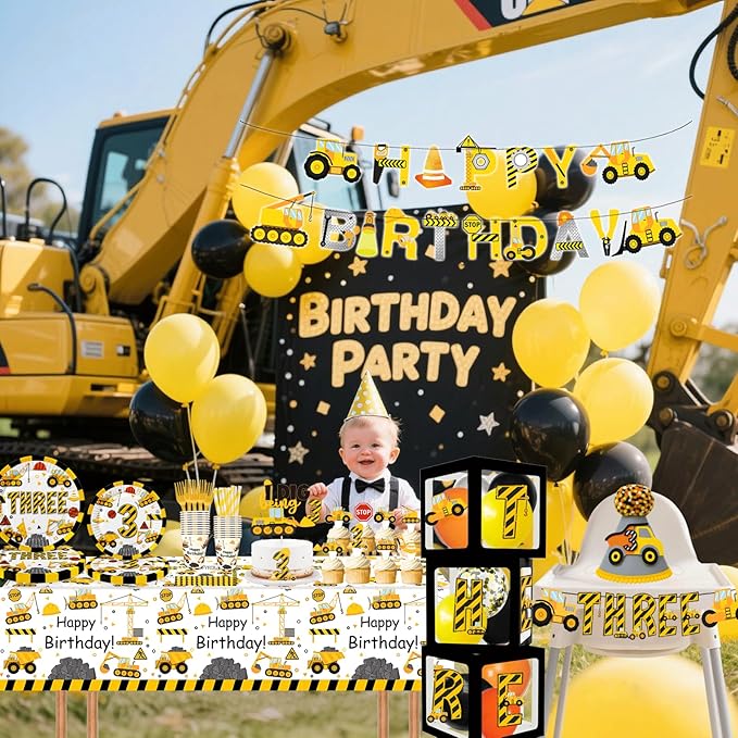 345 Pcs Construction 3rd Birthday Party Supplies, Dump Truck Three Years Old Party Decorations Include Backdrop, Balloons Box, Hanging Swirls, Hat, Tablecloth, Plates, Cake Toppers, Balloons Garland