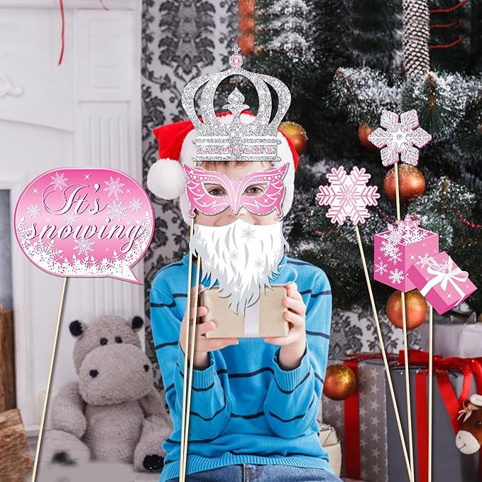 25 PCS Pink Snowflake Photo Booth Props, Fun Decoration Props, Winter Theme Suitable for Christmas, Birthdays, and All Occasions