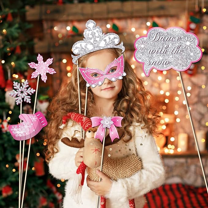 25 PCS Pink Snowflake Photo Booth Props, Fun Decoration Props, Winter Theme Suitable for Christmas, Birthdays, and All Occasions