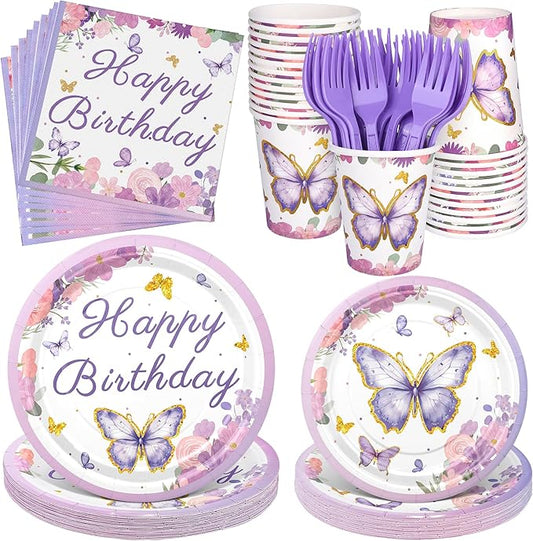 Kochorie 144 Pieces Butterfly Birthday Party Supplies Including Disposable Paper Plates Napkins Cups Forks Serves 24 for Baby Shower Girls Animal Butterfly-themed Party Decorations