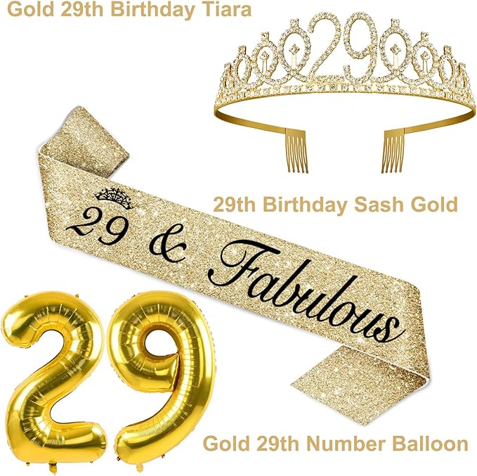 29th Birthday Decorations for Women Gold with 29th Birthday Tiara and Sash, Cake Topper and Candles, Number Balloons, 29 Year Old Gifts for Women