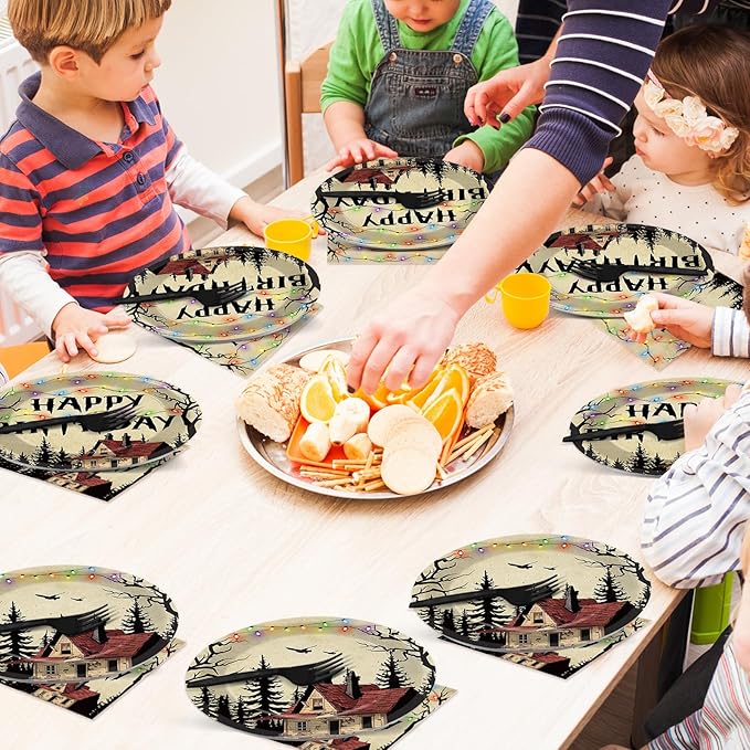 96pcs Retro Scary House Paper Plates Spooky Rustic Alphabet Tableware Sets Colorful Light Bulbs Party Decorations Forest Dinner Plates and Napkins Forks for Birthday Party Supplies Serve 24 Guests