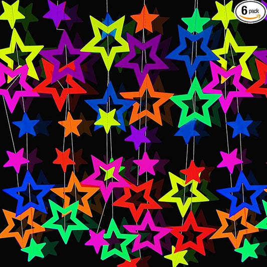 126feet UV Neon Streamers Hollowed Star Hanging Paper Glow Garland Neon Glow in The Dark Party Supplies and Decorations Blacklight Reactive Fluorescent Black Light Party Kit for Birthday Wedding