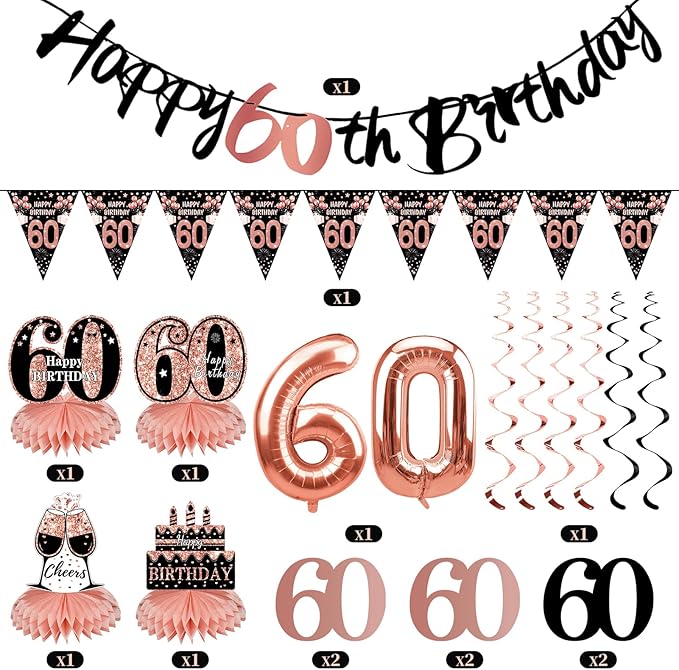 Guiruiy 13PCS 60th Birthday Decorations for Women, Rose Gold Happy 60 Birthday Banner Centerpieces Swirls Balloons Kit Party Supplies, Sixty Years Old Bday Ceiling Table Topper Decor