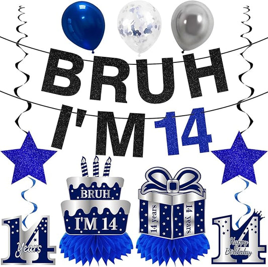 Kuxriox 11Pcs 14th Birthday Decorations for Boys Men, Blue Sliver Happy 14th Birthday Banner, Bruh I'm 14 Balloons Centerpieces Swirls Party Supplies, 14 Years Bday Banner Ceiling Table Topper Sign