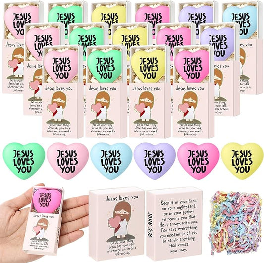Wettarn 24 Sets Positive Jesus Gifts Heart Stress Balls with Support Boxes Jesus Loves You Valentines Party Favors for Office Church Religious Christian Desk Decor