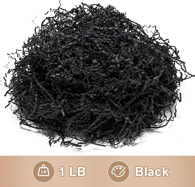Wowxyz 1 LB Crinkle Cut Paper Shred Black Crinkle Shredded Paper for Gift Baskets - Gift Box Bag Filler - Confetti Stuffing for Birthday, Holiday Present Packaging Wrapping