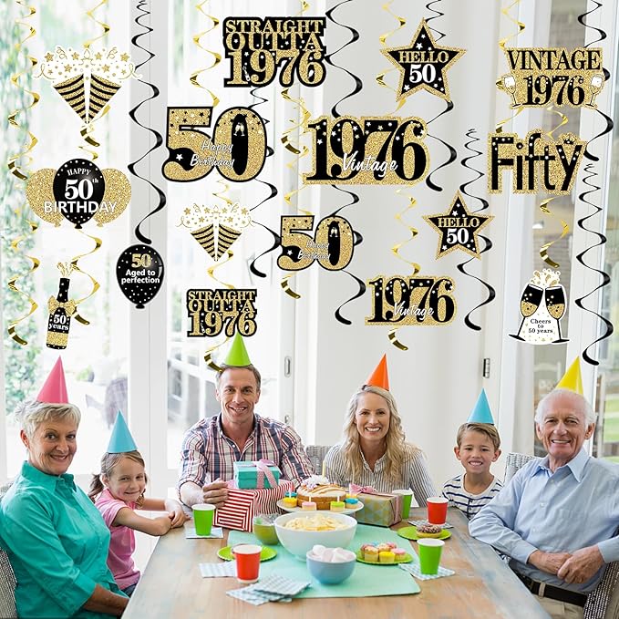 Turypaty 50th Birthday Decorations Hanging Swirls for Men Women, Black Gold Vintage 1976 50th Birthday Foil Swirls Party Supplies, Fifty Year Old Birthday Ceiling Hanging Decorations