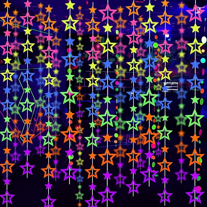126feet UV Neon Streamers Hollowed Star Hanging Paper Glow Garland Neon Glow in The Dark Party Supplies and Decorations Blacklight Reactive Fluorescent Black Light Party Kit for Birthday Wedding