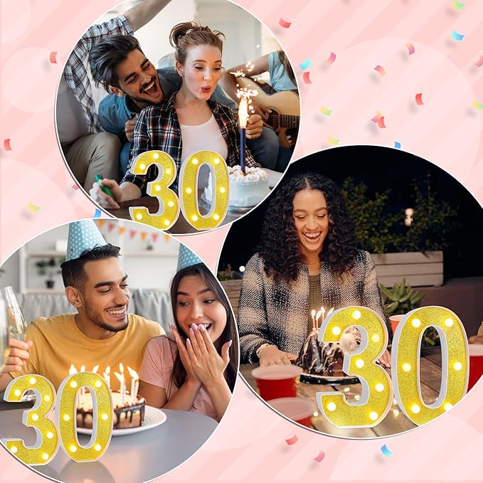 Treela 8.7'' Birthday Decorative LED Light up Numbers, Glitter Marquee Number Sign for Night Birthday Party Decorations Anniversary Bar LED Sign Backdrop Wall Table Centerpieces(30th,Gold)