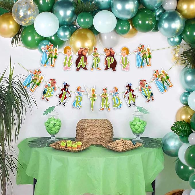 "Petr Pan Happy Birthday Banner – Fairy Tale Neverland Theme Party Decoration – Magical Cartoon Birthday Supplies for Boys, Girls, and Adults – Perfect for Family Parties, and Themed Events"