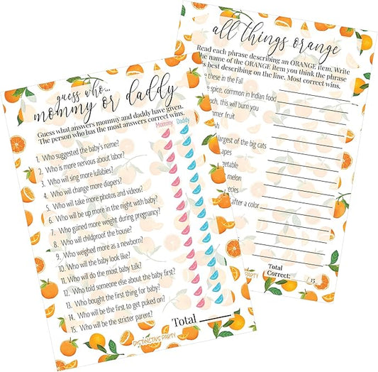 DISTINCTIVS Orange Little Cutie Baby Shower Games, Mommy or Daddy Match and All Things Orange, 2 Game Bundle - 20 Dual Sided Cards