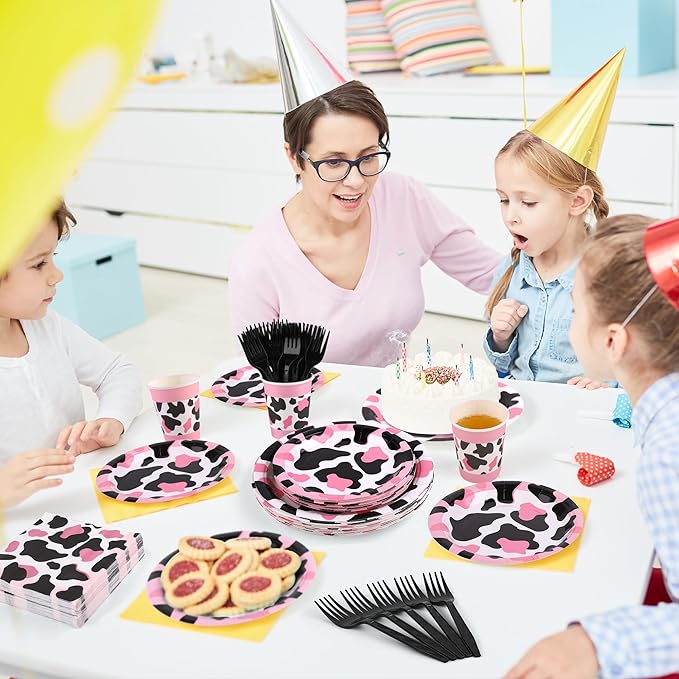 Kochorie 144 Pieces Pink Cow Print Party Tableware Sets Including Disposable Plates Napkins Cups Forks Serves 24 for Cow Theme Farm Animal Party Supplies