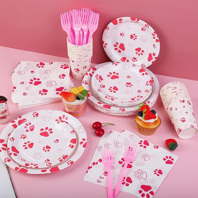 Kochorie 144 Pieces Pink Paw Print Party Tableware Sets Including Disposable Plates Napkins Cups Forks Serves 24 for Dog Puppy Theme Party Supplies