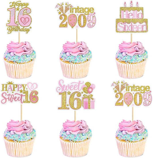 25 Pack Sweet 16th Cupcake Toppers Hello Sixteen 16 Vintage 2009 Happy 16th Birthday Cupcake Picks for Happy Sweet 16 Wedding Anniversary Party Cake Decorations Supplies (pink)