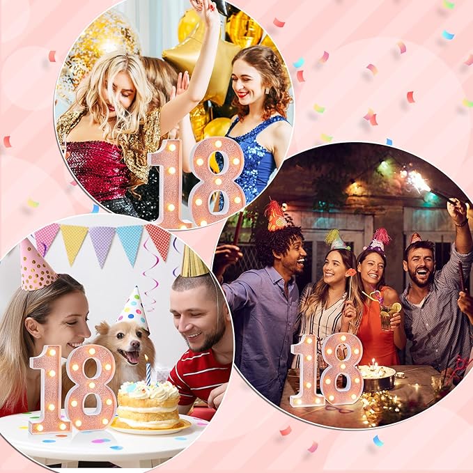 Treela 8.7'' Birthday Decorative LED Light up Numbers, Glitter Marquee Number Sign for Night Birthday Party Decorations Anniversary Bar LED Sign Backdrop Wall Table Centerpieces(18th,Rose Gold)