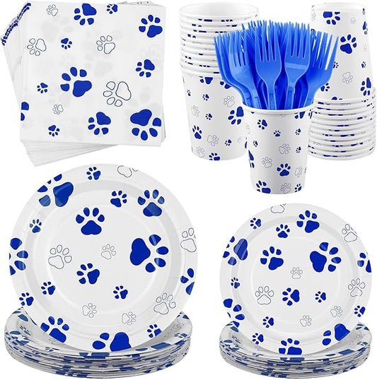 Kochorie 144 Pieces Blue Paw Print Party Tableware Sets Including Disposable Plates Napkins Cups Forks Serves 24 for Dog Puppy Theme Party Supplies
