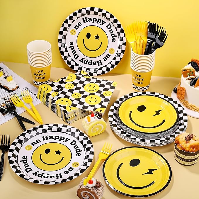 Kochorie 144 Pieces One Happy Dude Party Tableware Sets including Disposable Plates Napkins Cups Forks Serves 24 for Smiley Face 1st Birthday Preppy Party Decorations