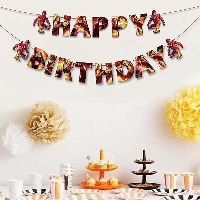"Flsh Happy Birthday Banner – Superhero Theme Party Decoration for Boys and Girls – Vibrant Lightning Bolt Design Hanging Banner for Birthday Celebrations, Comic Hero Parties, and Photo Backdrops"