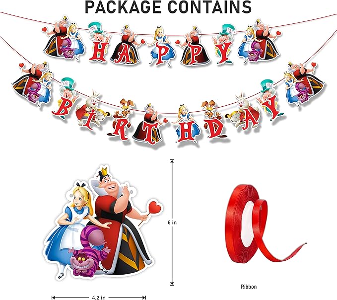 "Alice in Wondrland Happy Birthday Banner – Whimsical Fairy Tale Birthday Party Decoration – Colorful Hanging Banner for Girls & Boys Themed Party, Dessert Table, High Chair, and Photo Backdrop"