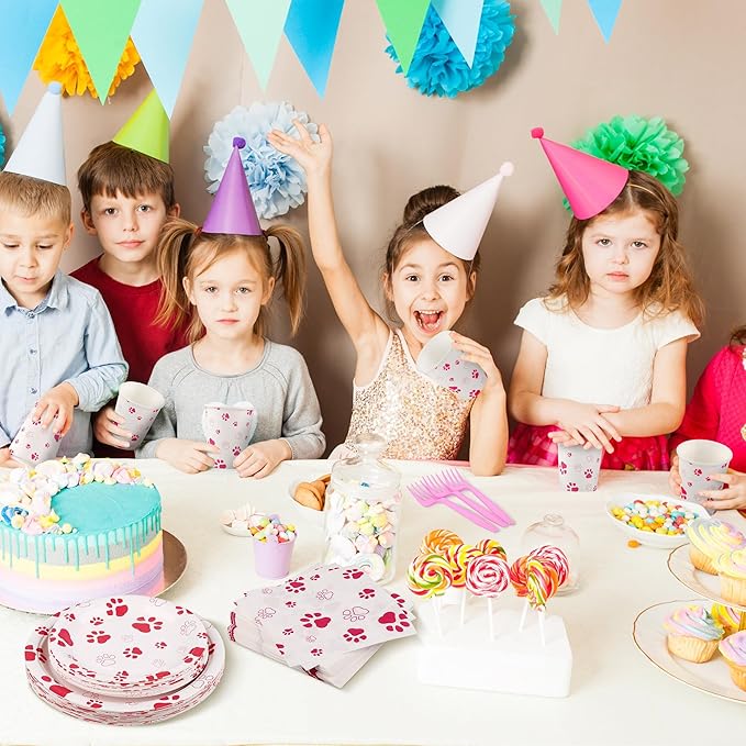 Kochorie 144 Pieces Pink Paw Print Party Tableware Sets Including Disposable Plates Napkins Cups Forks Serves 24 for Dog Puppy Theme Party Supplies