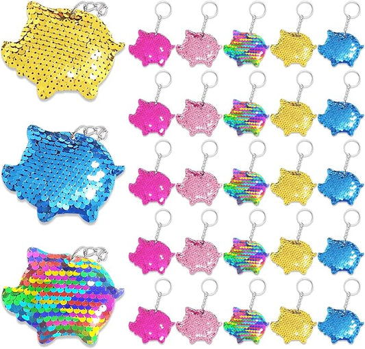 CiciBear 25 Pack Pig Sequin Keychains for Farm Animal Party Favors, Kids and Adults Birthday Gift, Baby Shower, Party, 5 Colors