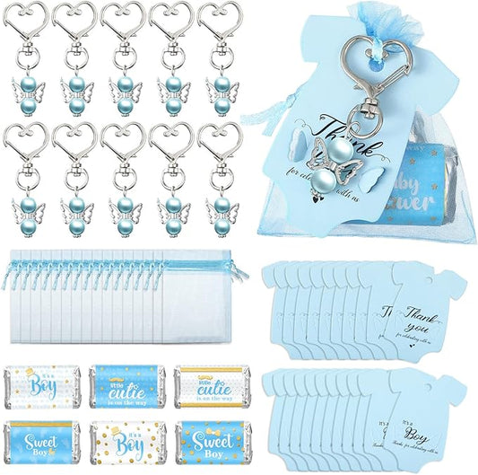 Teling 50 Sets Baby Shower Party Favors Baby Shower Angel Keychains Label Sticker Cards Organza Bags for Baptism Party(Blue)