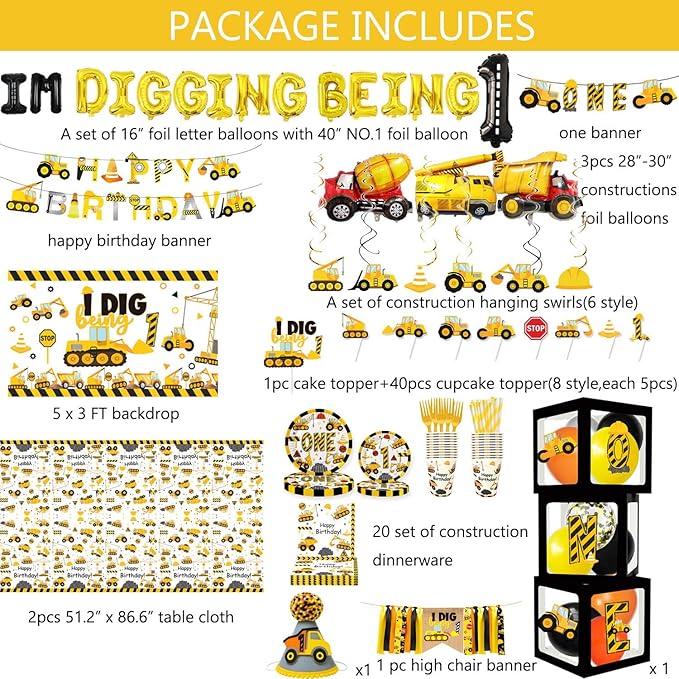 345 Pcs Construction 1st Birthday Party Supplies, Dump Truck One Year Old Party Decorations Include Backdrop, Balloons Box, Hanging Swirls, High Chair Banner, Hat, Tablecloth, Plates, Cake Toppers