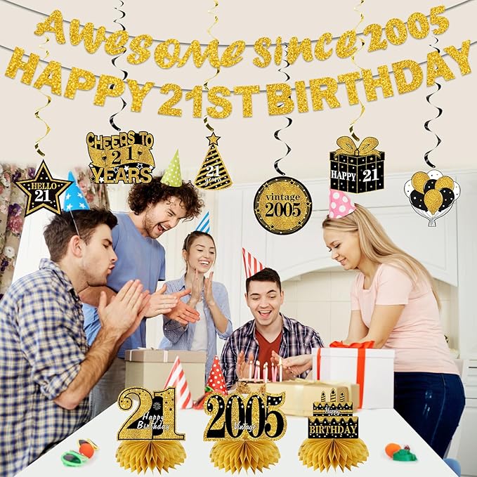 Kuxriox 11Pcs 21st Birthday Decorations Kit for Men Women, Black Gold Happy 21st Birthday Banner, Awesome Since 2005 Centerpieces Swirls Party Supplies, Twenty-one Bday Banner Ceiling Table Topper Sign