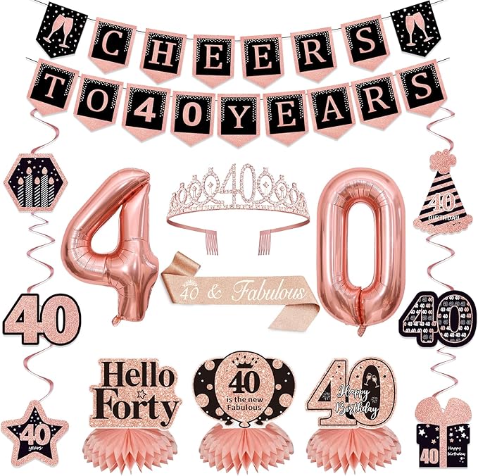14Pcs 40th Birthday Decorations for Women with Banner, Hanging Swirls, Balloons,Crown and Sash,Table Honeycombs Centerpieces, Happy 40th Birthday Decorations