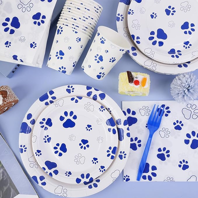 Kochorie 144 Pieces Blue Paw Print Party Tableware Sets Including Disposable Plates Napkins Cups Forks Serves 24 for Dog Puppy Theme Party Supplies