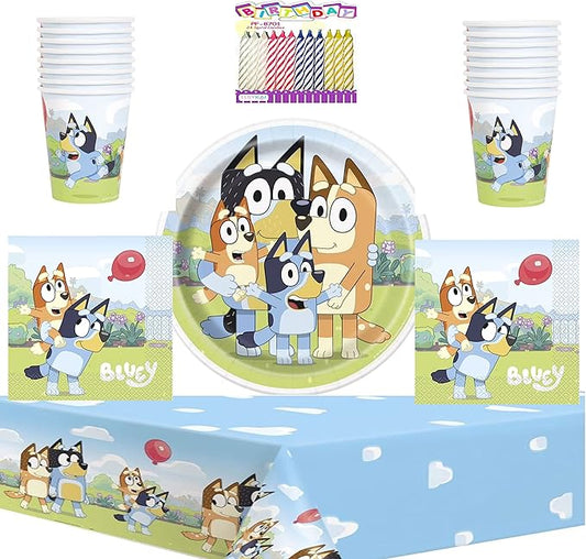 Bluey Party Supplies Pack for 16 Guests – Includes 9" Plates, Luncheon Napkins, 9oz Cups, Table Cover, and LLILYKAI Birthday Candles – Kids Birthday Party Bundle