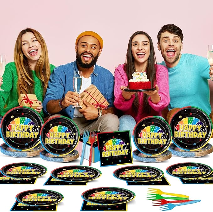 96Pcs Card Themed Birthday Party Plates and Napkins Card Game Decor Colorful Gaming Night Paper Disposable Dessert Cake Plates Gaming Themed Tableware Set for Adults Baby Shower Sleepover 24 Guests