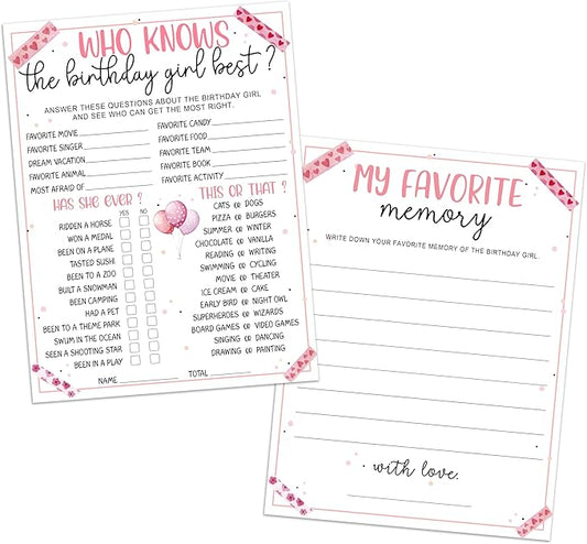Pink Balloon & Love Tape Birthday Party Games Cards-Who Knows The Birthday Girl Best & My Favorite Memory Activity Themed - 20PCS 3-in-1 Game Cards- 6"X8" Party Decoration & Supplies for Girls-A04