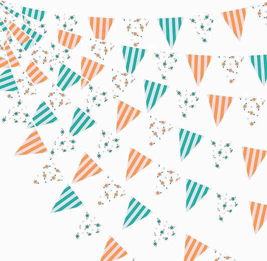32Ft Italian Summer Party Decorations Orange Green Summer Wavy Floral Stripe Fabric Pennant Banner Triangle Flag Garland Streamer for Last Toast Coast Birthday Summer Baby Shower Bachelorette Supplies