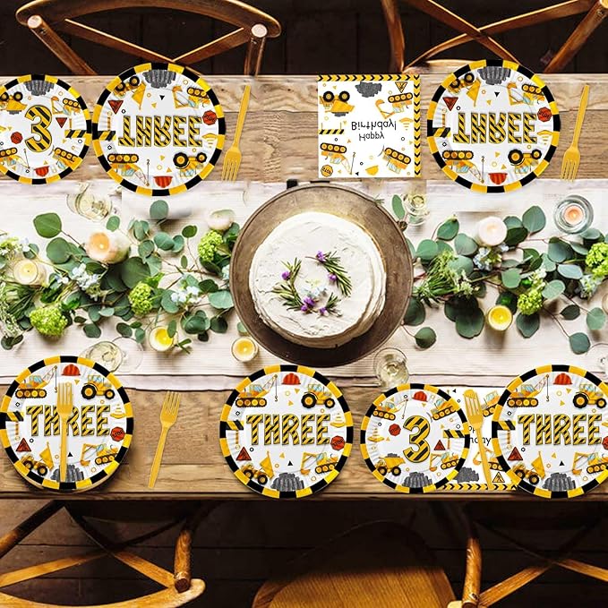 345 Pcs Construction 3rd Birthday Party Supplies, Dump Truck Three Years Old Party Decorations Include Backdrop, Balloons Box, Hanging Swirls, Hat, Tablecloth, Plates, Cake Toppers, Balloons Garland