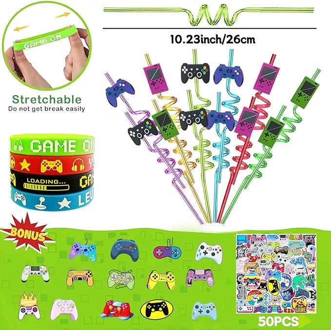 QZYCMHOO 110PCS Video Game Party Favors Gamer Birthday Party Supplies with Reusable Drinking Straws Keychains Game Boxes Gift Goodie Treat Bag Fillers Gaming Party Favors