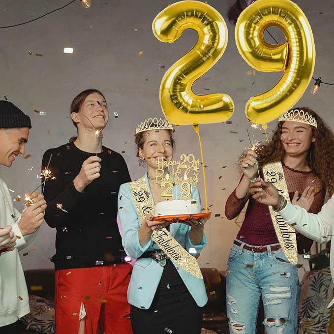 29th Birthday Decorations for Women Gold with 29th Birthday Tiara and Sash, Cake Topper and Candles, Number Balloons, 29 Year Old Gifts for Women