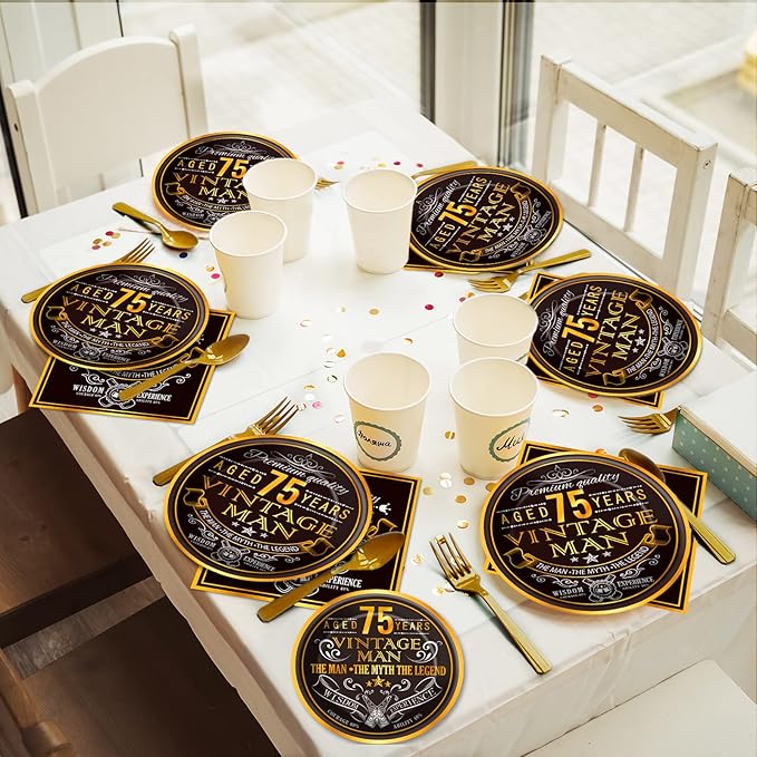 Wiooffen 96 Pcs Vintage 75th Party Tableware Set Back in 1951 75th Theme Birthday Party Table Decoration Supplies Cheers to 75 Years Paper Plate Napkin Fork 24 Guests for Men
