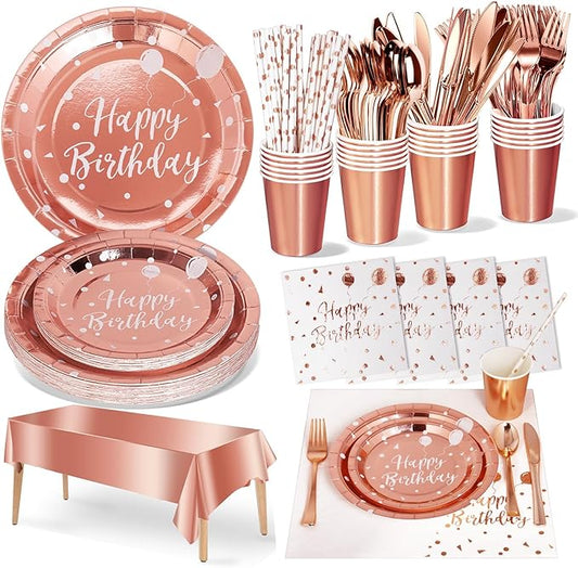 Birthday Party Tableware, 161 Pieces Rose gold Party Supplies, Dinnerware Sets Include Paper Plates Napkins Cups Silverware, for Shower Engagement Parties Decoration -20 Serves