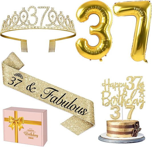 37th Birthday Decorations for Women Gold with 37th Birthday Sash and Tiara, Cake Topper and Candles, Number Balloons, 37 Year Old Gifts for Women