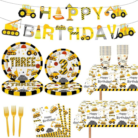 118 Pcs Construction 3rd Birthday Decor Construction Three Years Old Paper Dinner Plates Napkins Forks Cups Tablecloth Banner Dinnerware for Dump Truck Theme 3rd Bday Party Supplies Decorations