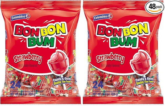 Colombina Bon Bon Bum Lollipops w/Bubble Gum Center, Strawberry Flavor, Individually Wrapped, Ideal for Party Favors and Gifts, 2 Pack (24 Count)