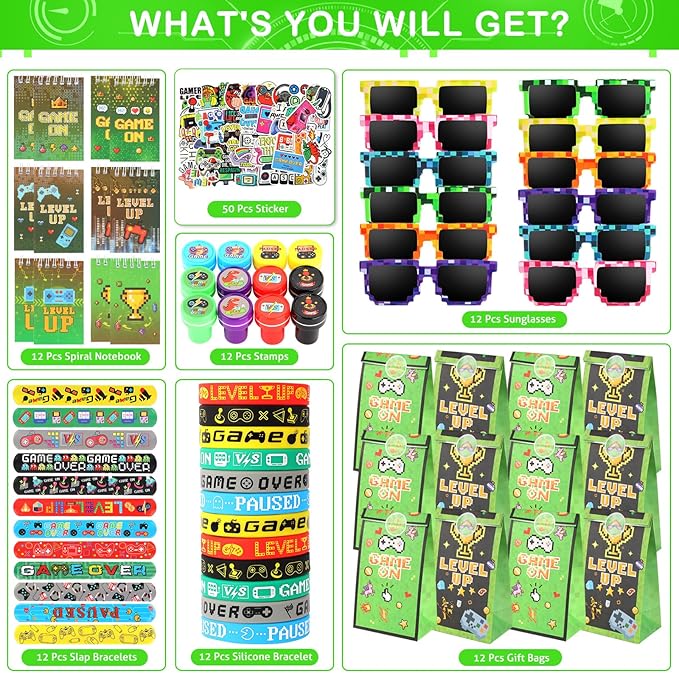 LiYiQ 122 Pcs Video Game Party Favors With Video Game Sunglasses Slap Bracelets Notebook Stamps Stickers and Gift Bag for Video Game Gamer Birthday Party Supplies