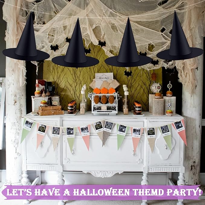 ZeeDix 24 Pcs Halloween Witch Hats Hanging Decor Indoor, Black Floating Witches Hat with 98 Ft Hanging Rope, Wizard Costume Accessories Outdoor Halloween Decorations for Home Yard Porch Ceiling