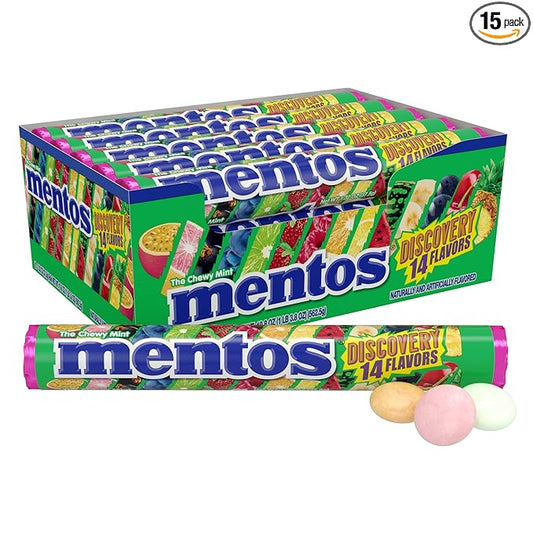 Mentos Chewy Mint Candy Roll, Discovery 14 Assorted Fruit Flavors, 14 Pieces Per Roll, 15 Count Showbox
