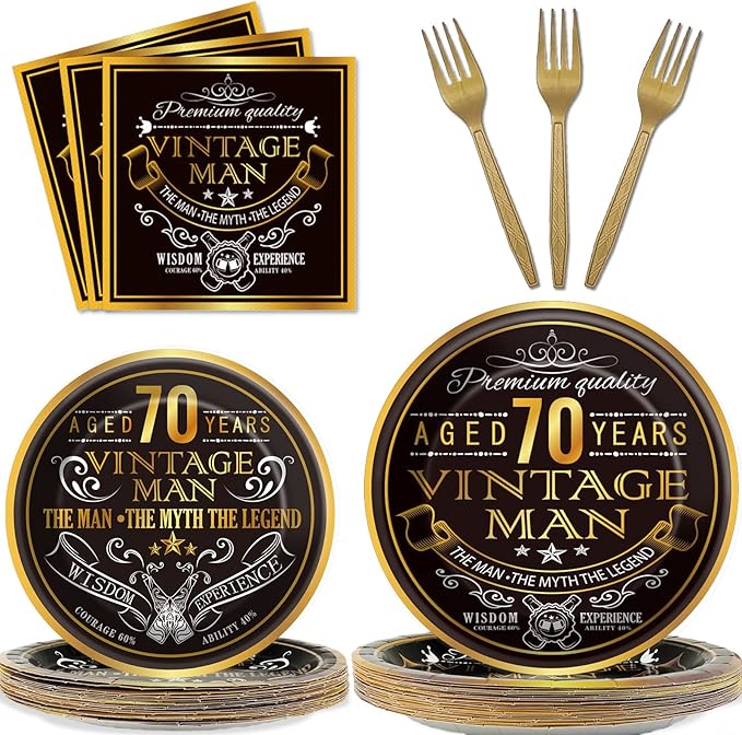 Wiooffen 96 Pcs Vintage 70th Party Tableware Set Back in 1956 70th Theme Birthday Party Table Decoration Supplies Cheers to 70 Years Paper Plate Napkin Fork 24 Guests for Men